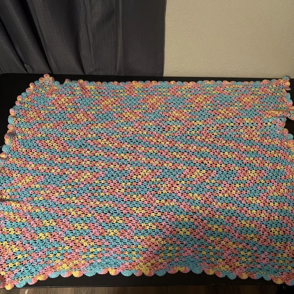Baby Afghan Crochet Knit Blanket pastel colors rainbow Handmade gift lovey 40x30
